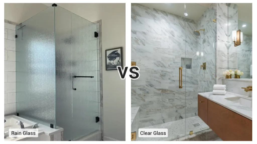 Side-by-side comparison of textured rain glass and clear glass shower doors for hotel bathroom projects.