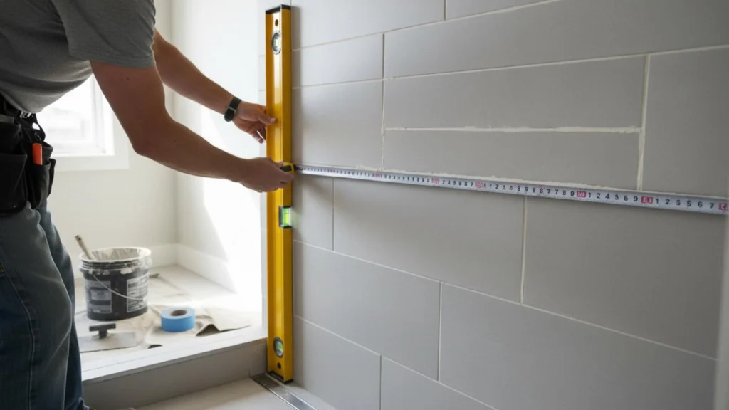 Installer measuring tiled shower wall with a tape measure and level to check plumbness for corner shower door sizing.