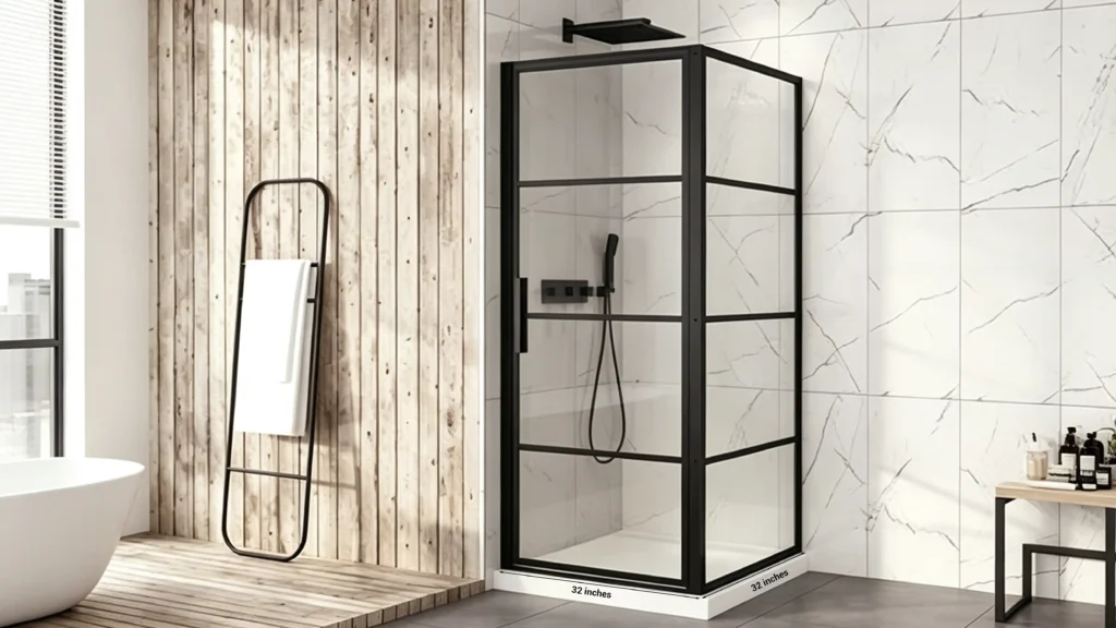 Compact 32x32 inch matte black grid corner shower enclosure with clear glass in a micro-apartment bathroom.