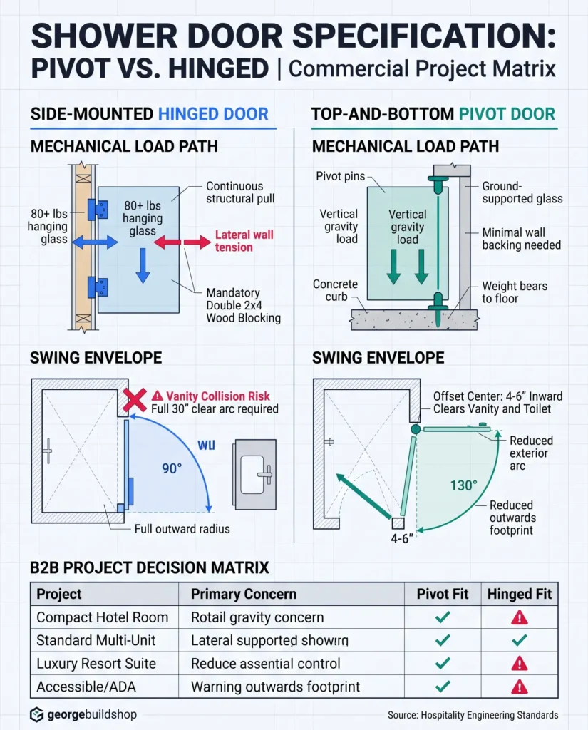 Pivot vs hinged shower door engineering comparison: mechanical load paths, 30-inch swing clearance collision envelopes, and B2B project decision matrix.
