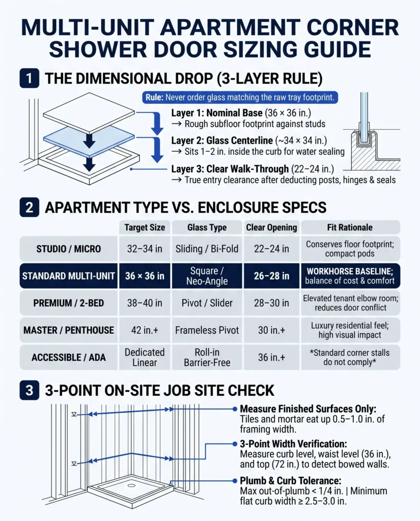 Multi-unit apartment corner shower door sizing guide and decision matrix, illustrating dimensional drop from 36-inch base to clear walk-through opening across studio, standard, and premium apartment types.