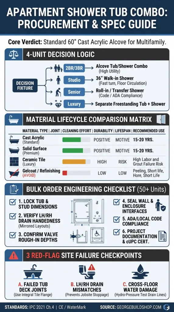 Apartment shower tub combo selection matrix comparing unit types, acrylic vs tile materials, and rough-in plumbing inspection checkpoints