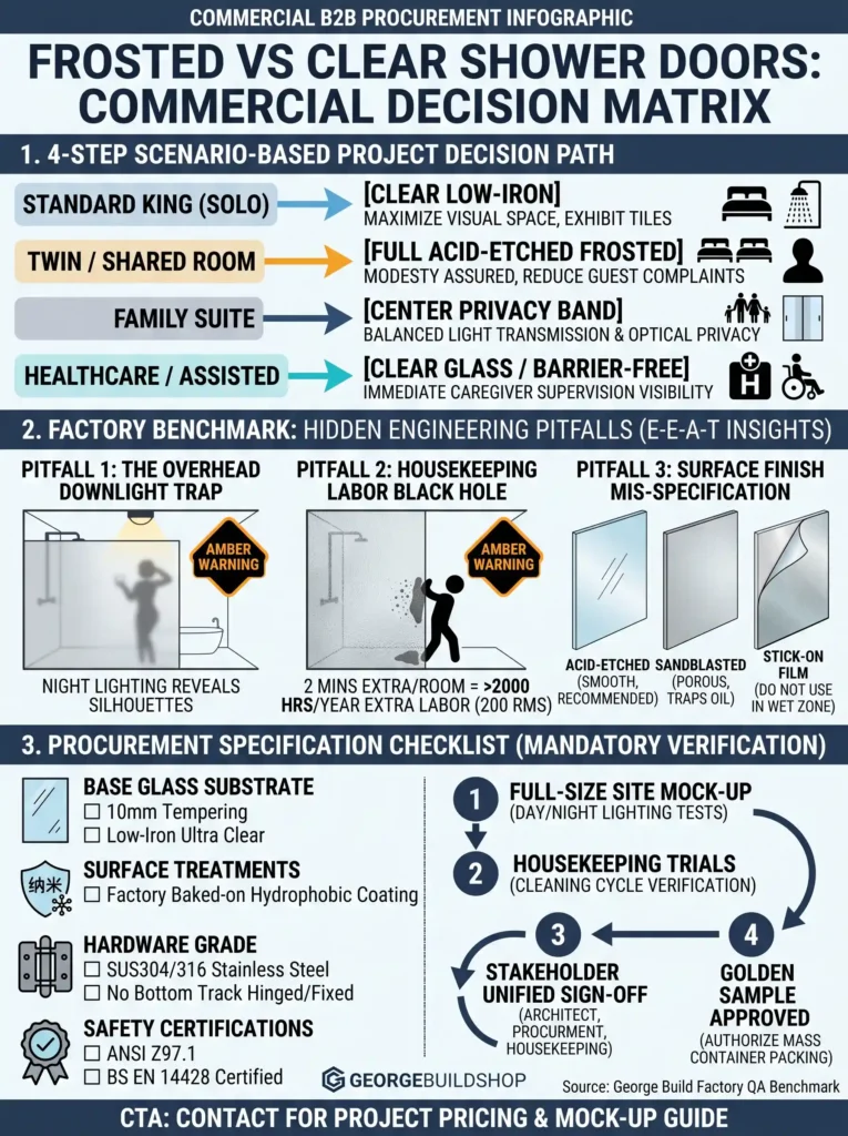 Commercial procurement decision matrix comparing frosted vs clear shower doors across hotel room types, housekeeping labor costs, privacy risks, and safety glazing standards.