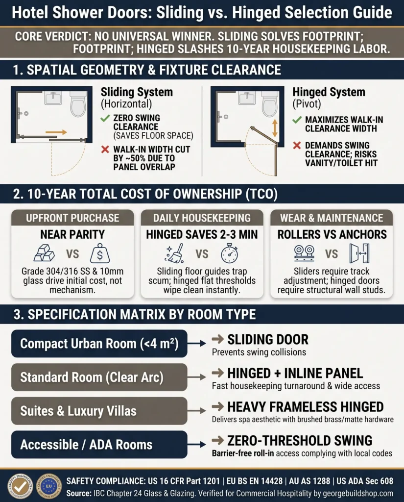Comparison infographic of sliding vs hinged shower doors for hotels, outlining clearance requirements, 10-year TCO, housekeeping time, and room selection decision tree.
