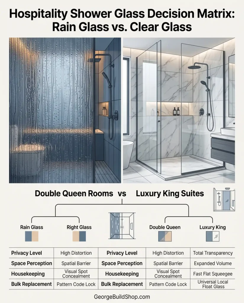 Hospitality shower glass decision matrix comparing rain glass vs. clear glass shower doors for hotels. It features a flowchart guiding room-type selection and a matrix table analyzing privacy level, space perception, housekeeping, and bulk replacement options to optimize guest experience and cleaning costs.