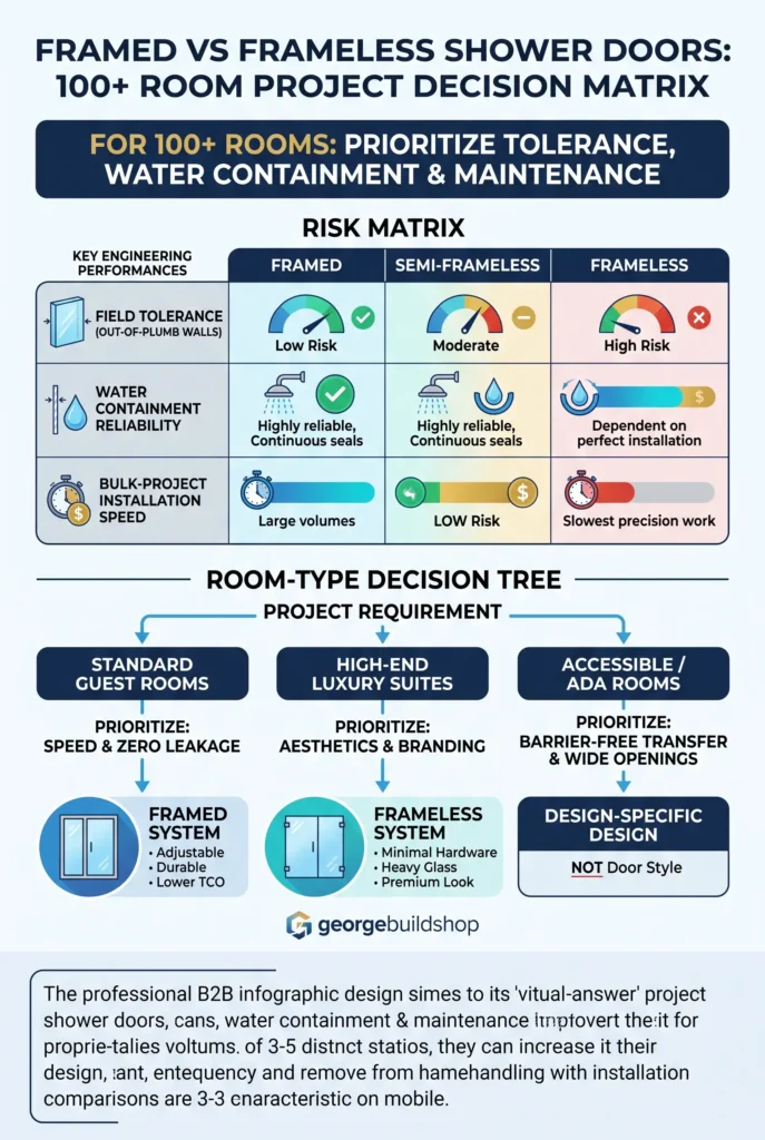 B2B specification matrix comparing framed vs frameless shower doors for 100+ room hotel projects based on installation speed, wall tolerance, and maintenance costs.