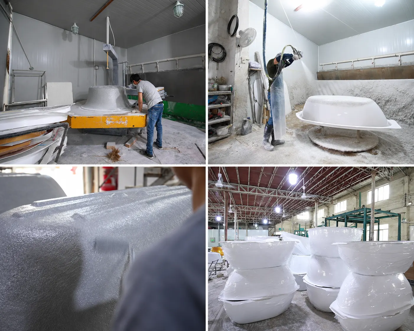 Commercial bathtub manufacturing process showing bathtub molding, surface finishing, factory inspection, and production batches at a China bathtub factory