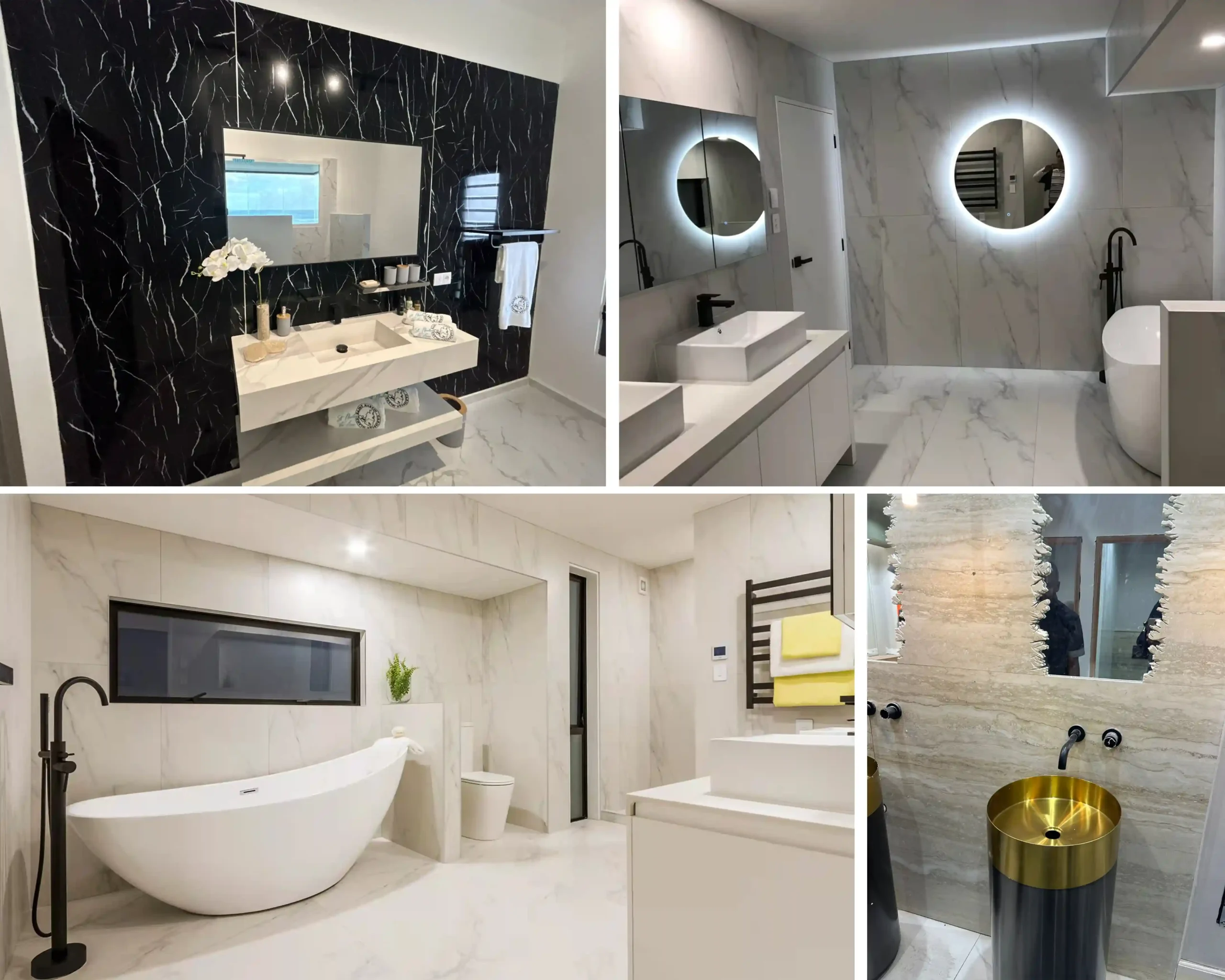 Four modern bathroom project interiors featuring bathroom vanities, illuminated mirrors, a freestanding bathtub and a gold vessel basin