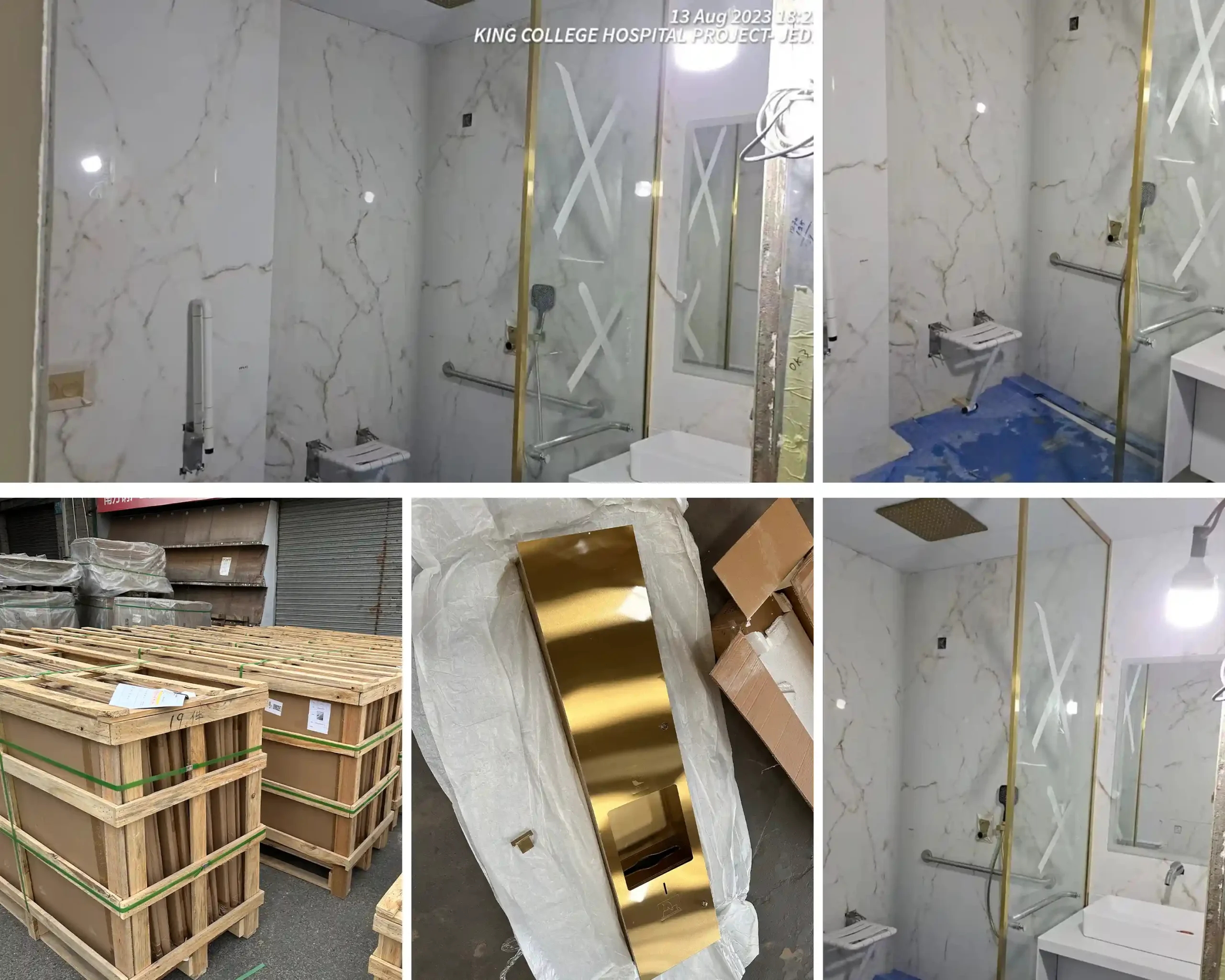 Jeddah hospital bathroom project showing glass shower enclosures, grab bars, bathroom vanity, gold-finish components and packed sanitary ware crates