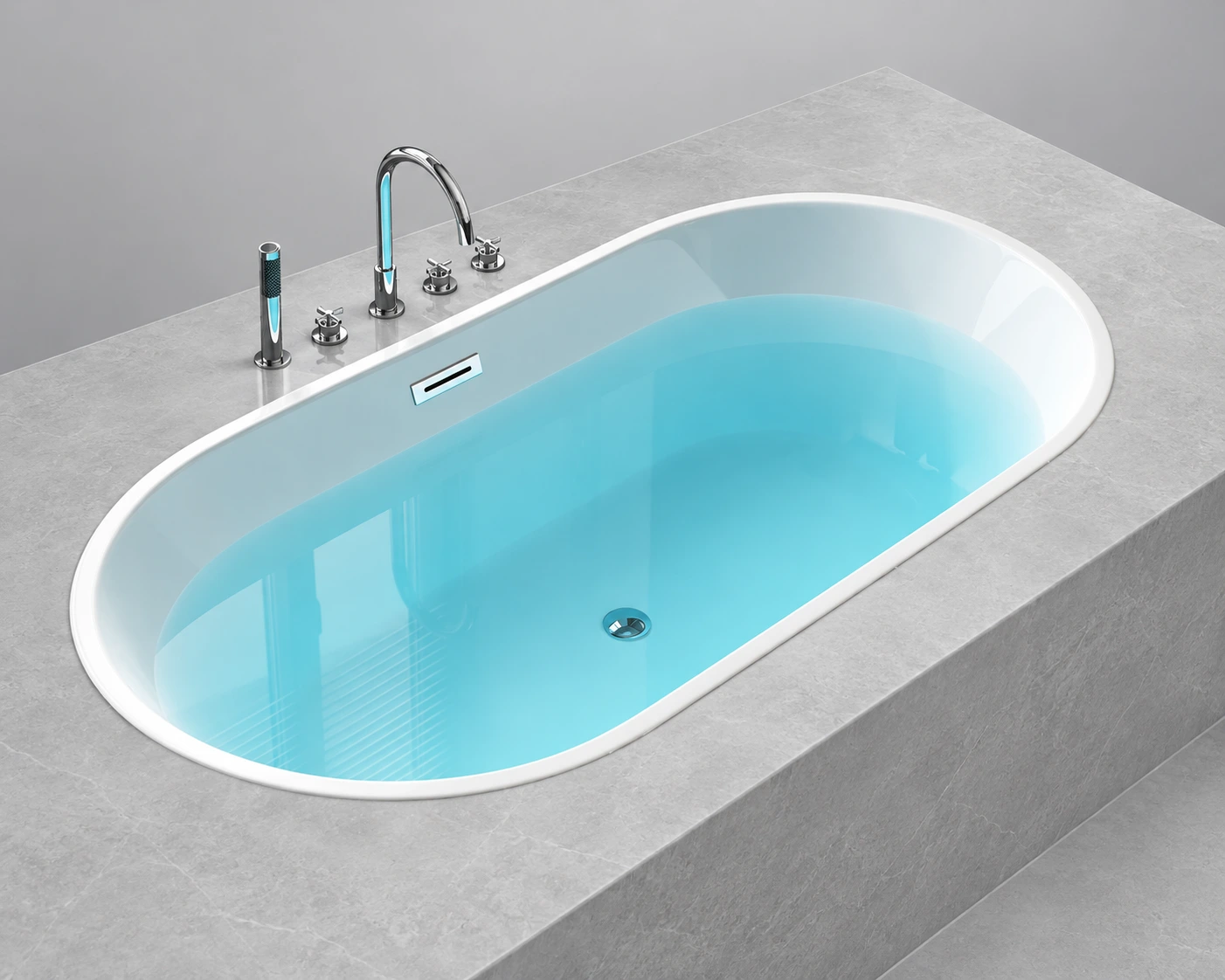 Oval built-in bathtub with integrated surrounding installation