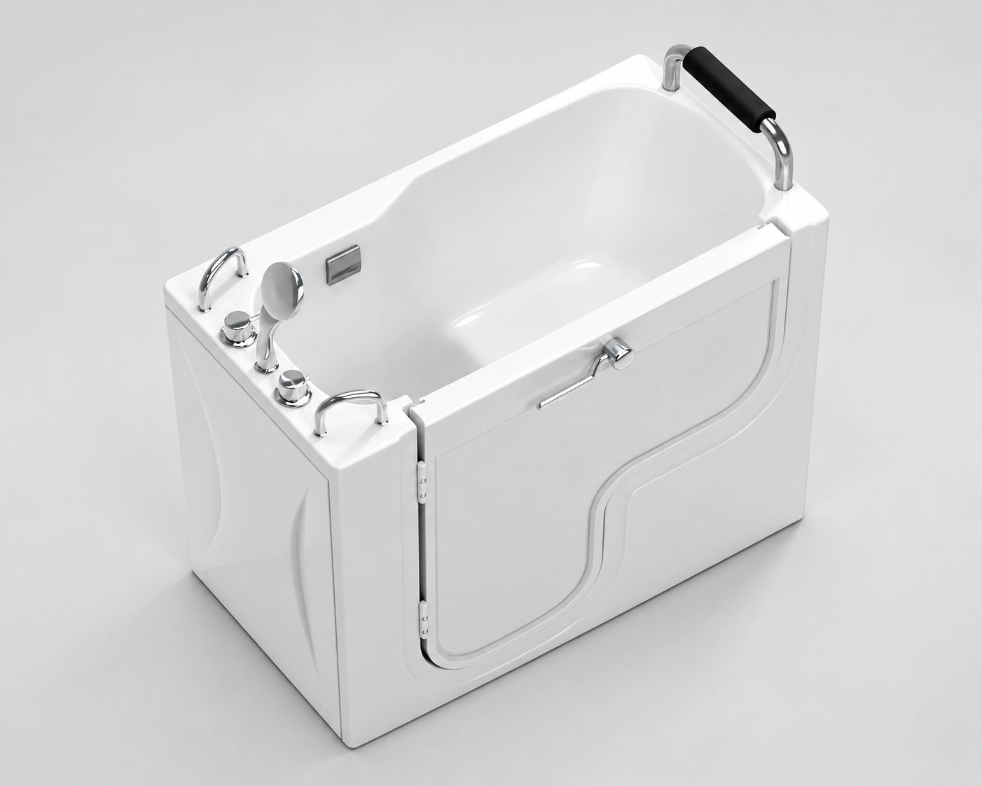 Wheelchair transfer bathtub for assisted bathing and healthcare projects