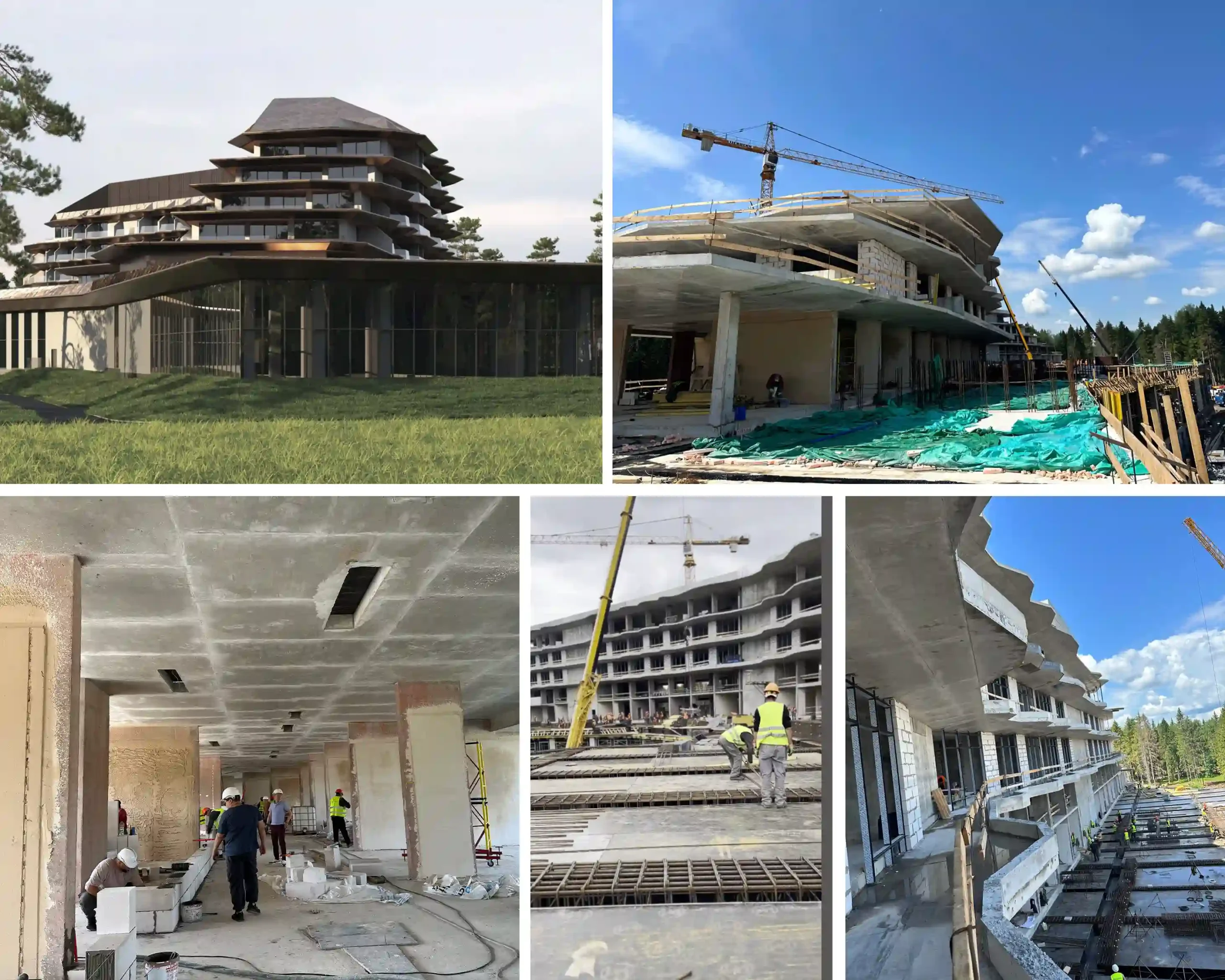 Russia hotel project collage showing architectural exterior views, concrete building construction and workers on site