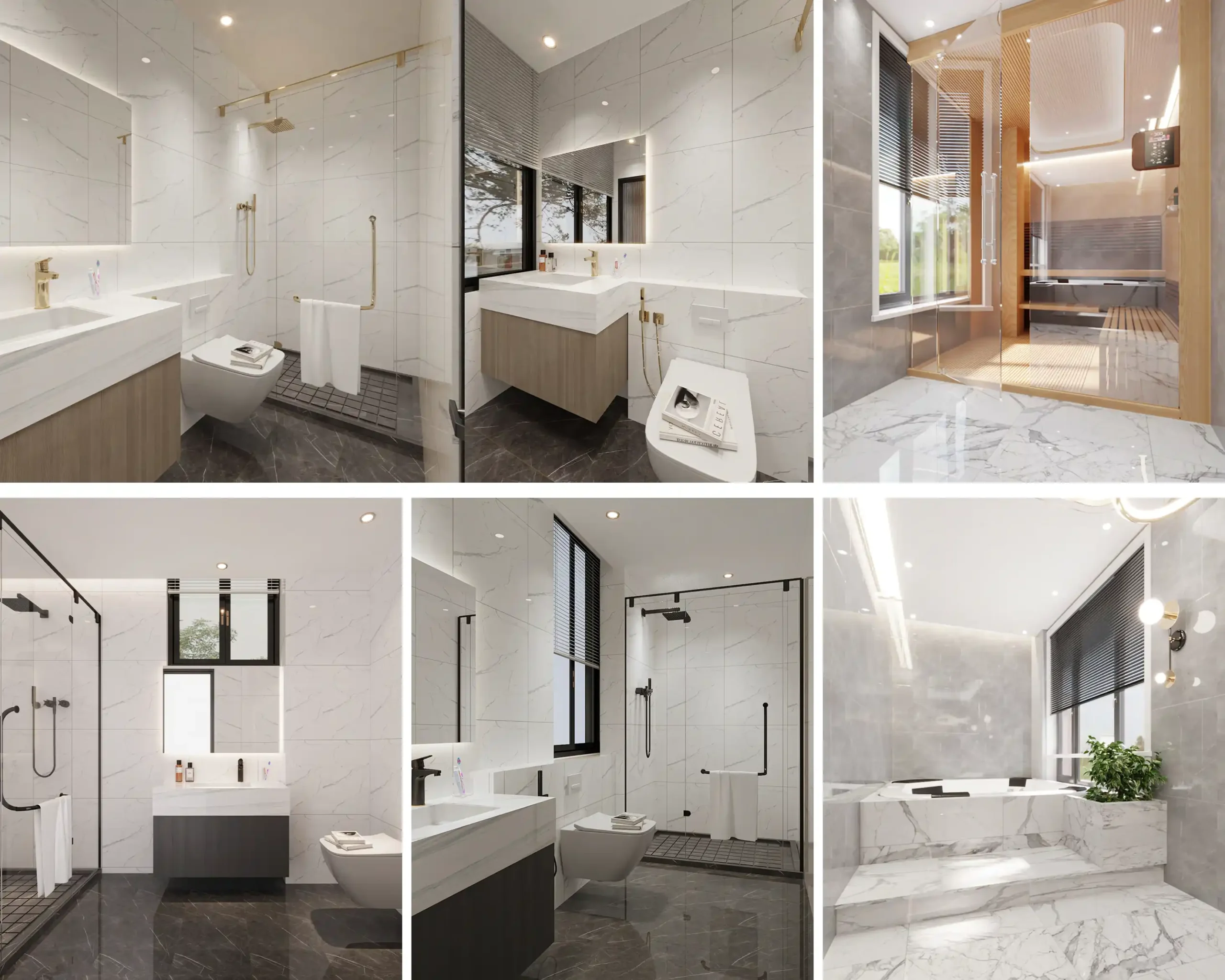 Ethiopia apartment project bathroom collage featuring floating vanities, toilets, glass shower enclosures and a marble-look bathtub