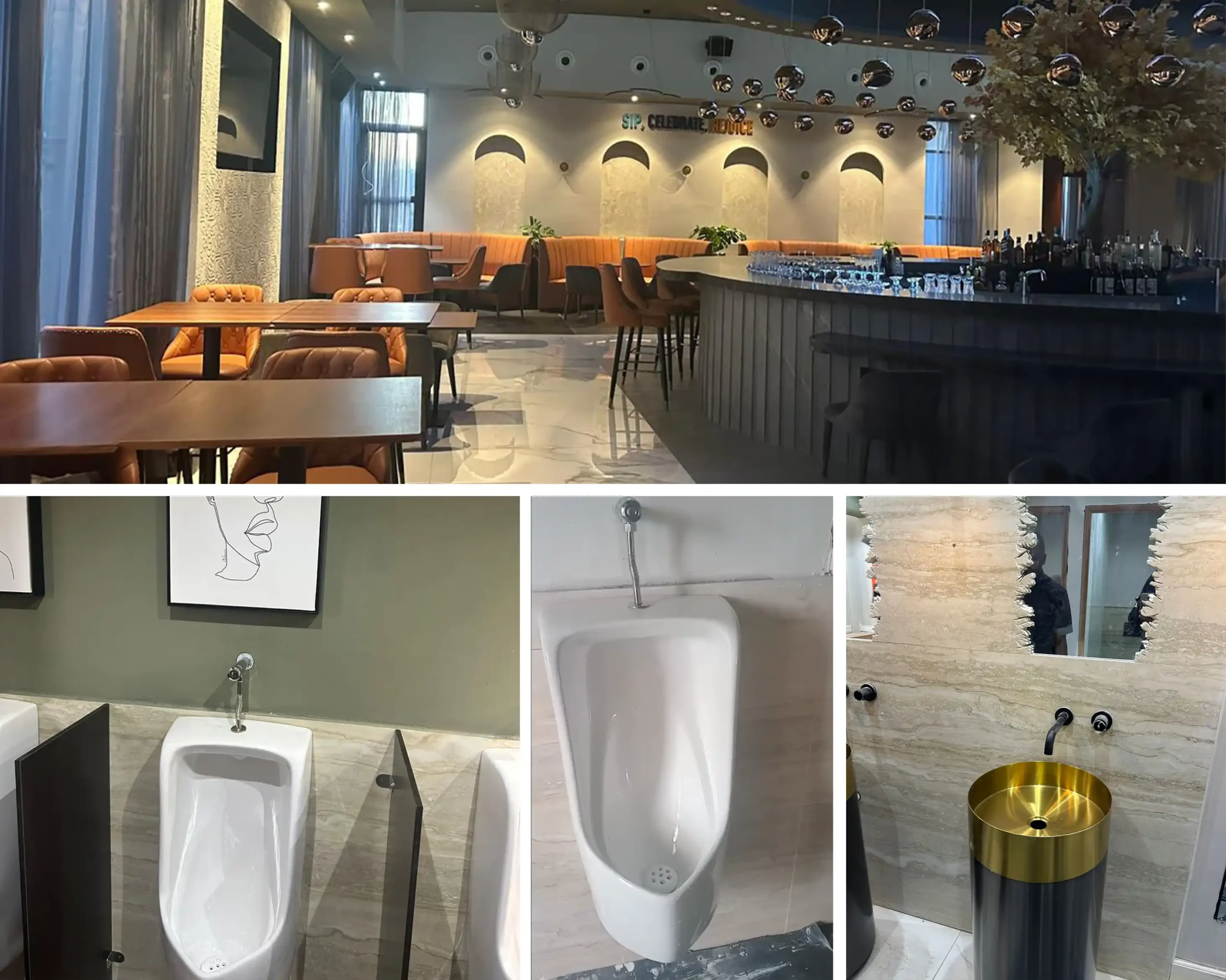 Kenya restaurant project collage showing the dining interior, commercial restroom urinals and a gold-finish washbasin