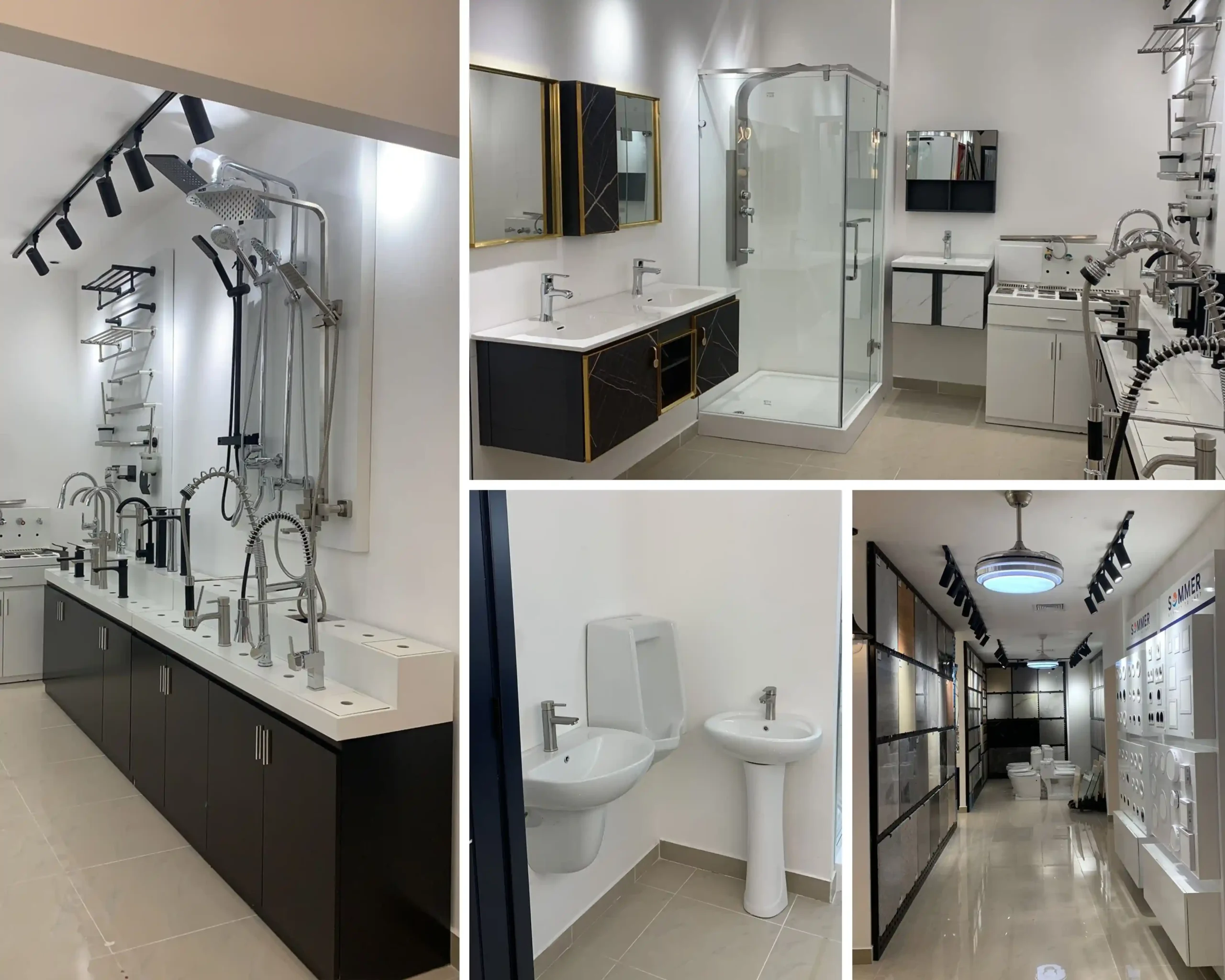Dominica sanitary ware showroom displaying shower systems, faucets, bathroom vanities, glass shower enclosures, toilets and basins