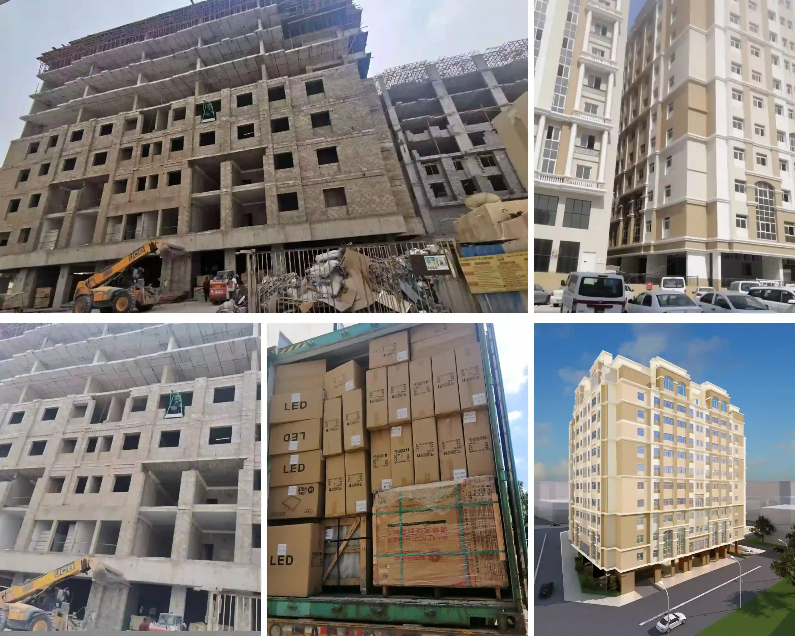 Qatar apartment project collage showing multistory building construction, a finished building exterior and cartons loaded for delivery