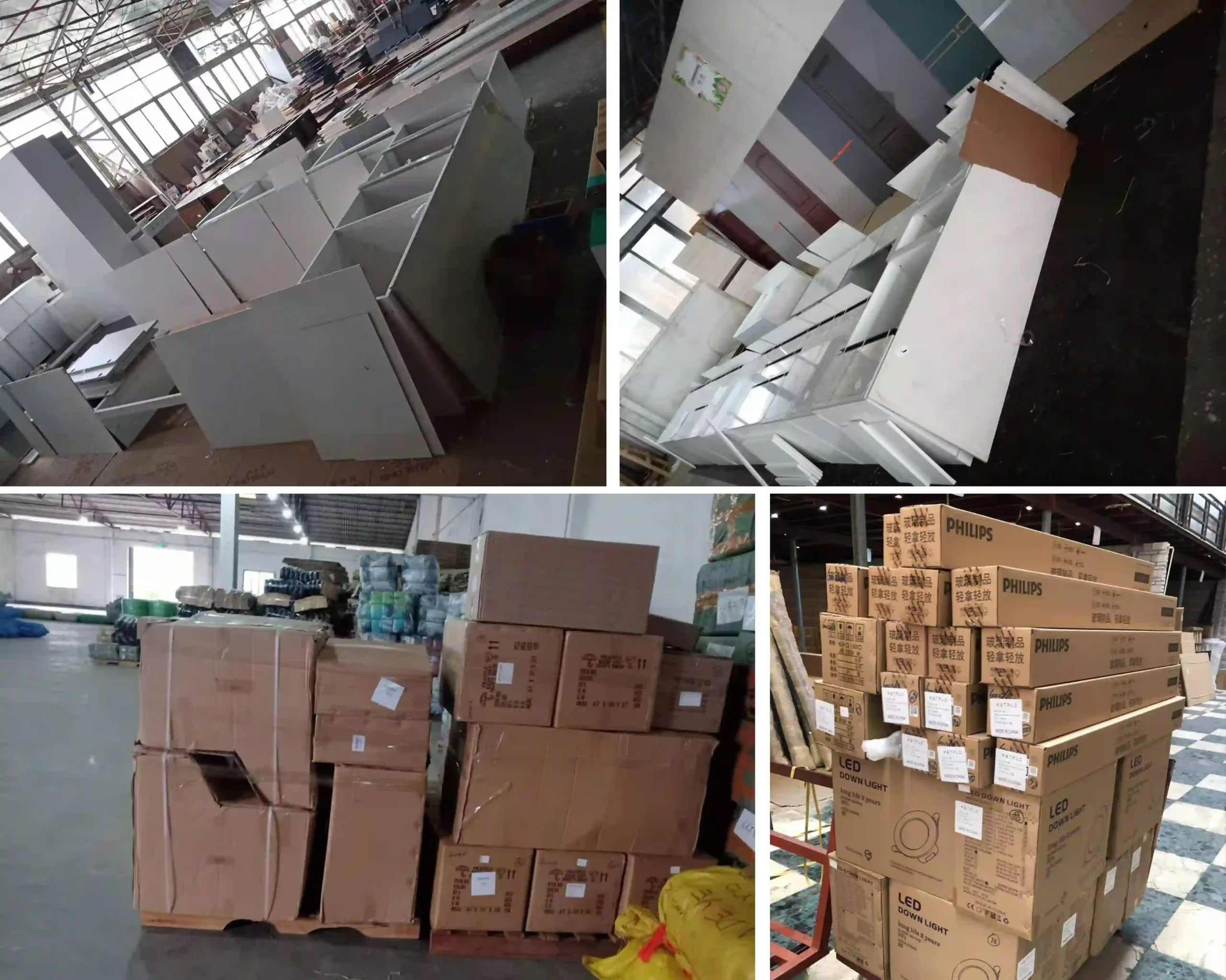 Nigeria hotel project supply collage showing bathroom cabinet production, assembled cabinet units and boxed materials in storage