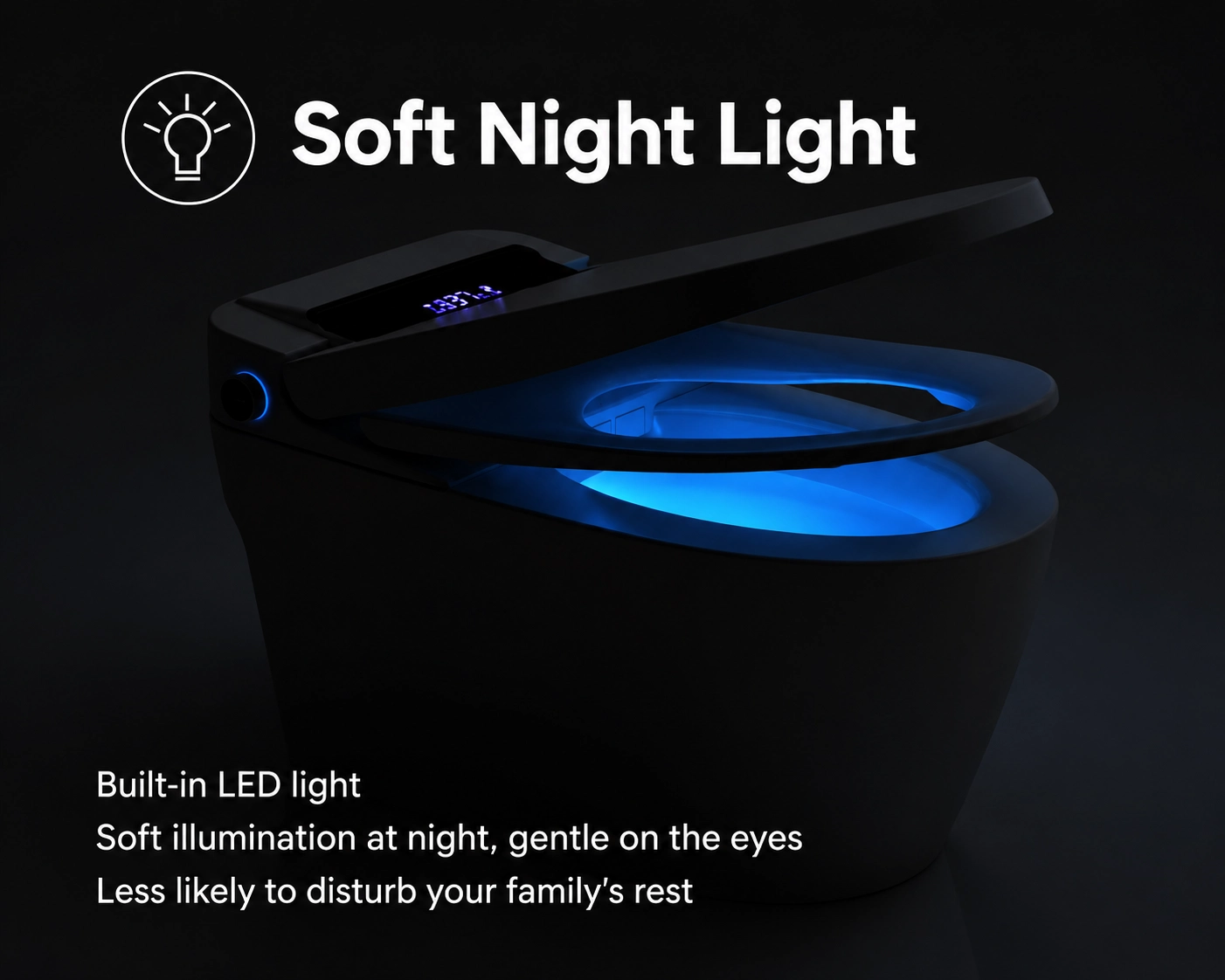 Smart toilet integrated LED night light feature for guest bathroom visibility