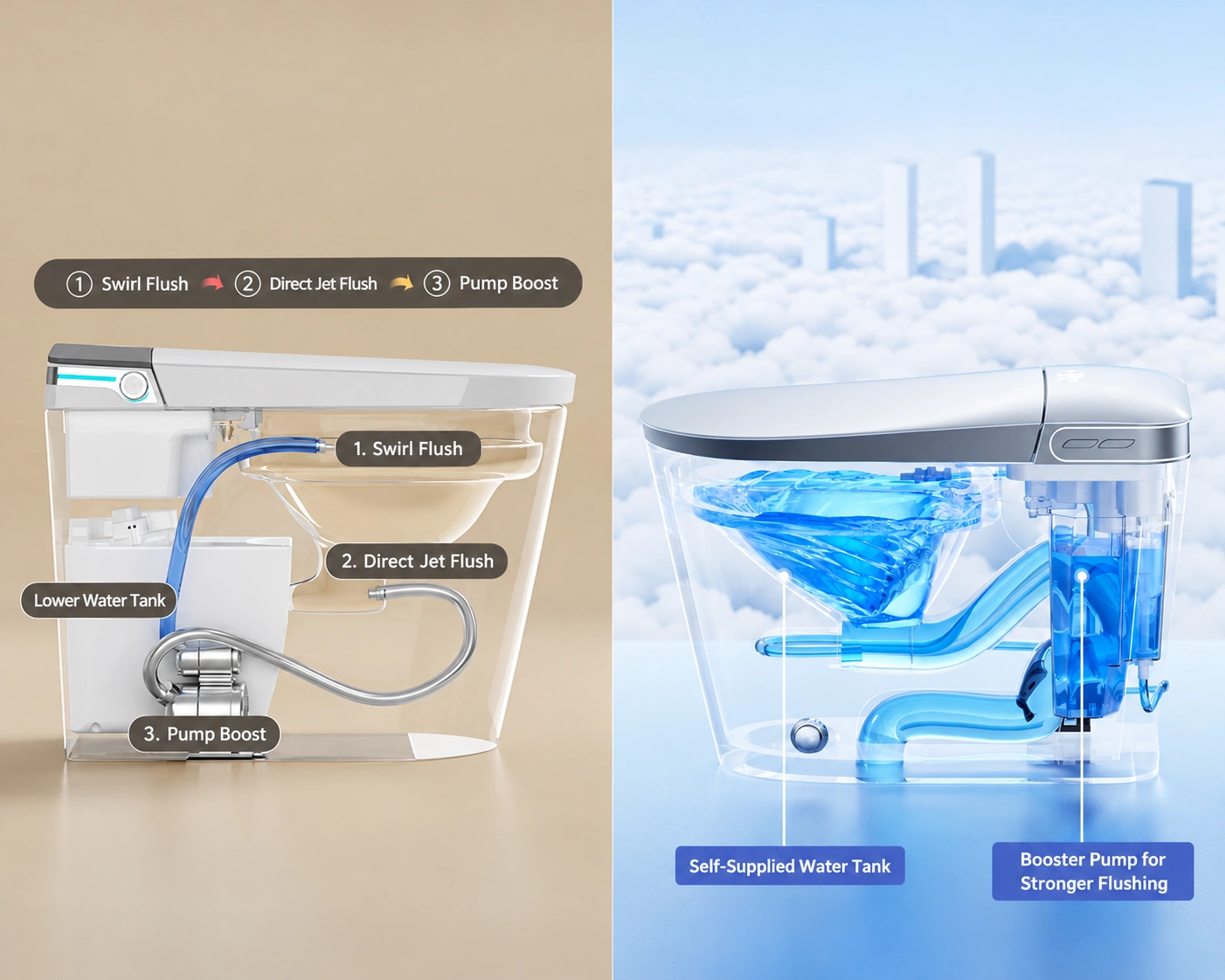Standard ceramic toilet flushing configurations including washdown and siphonic systems