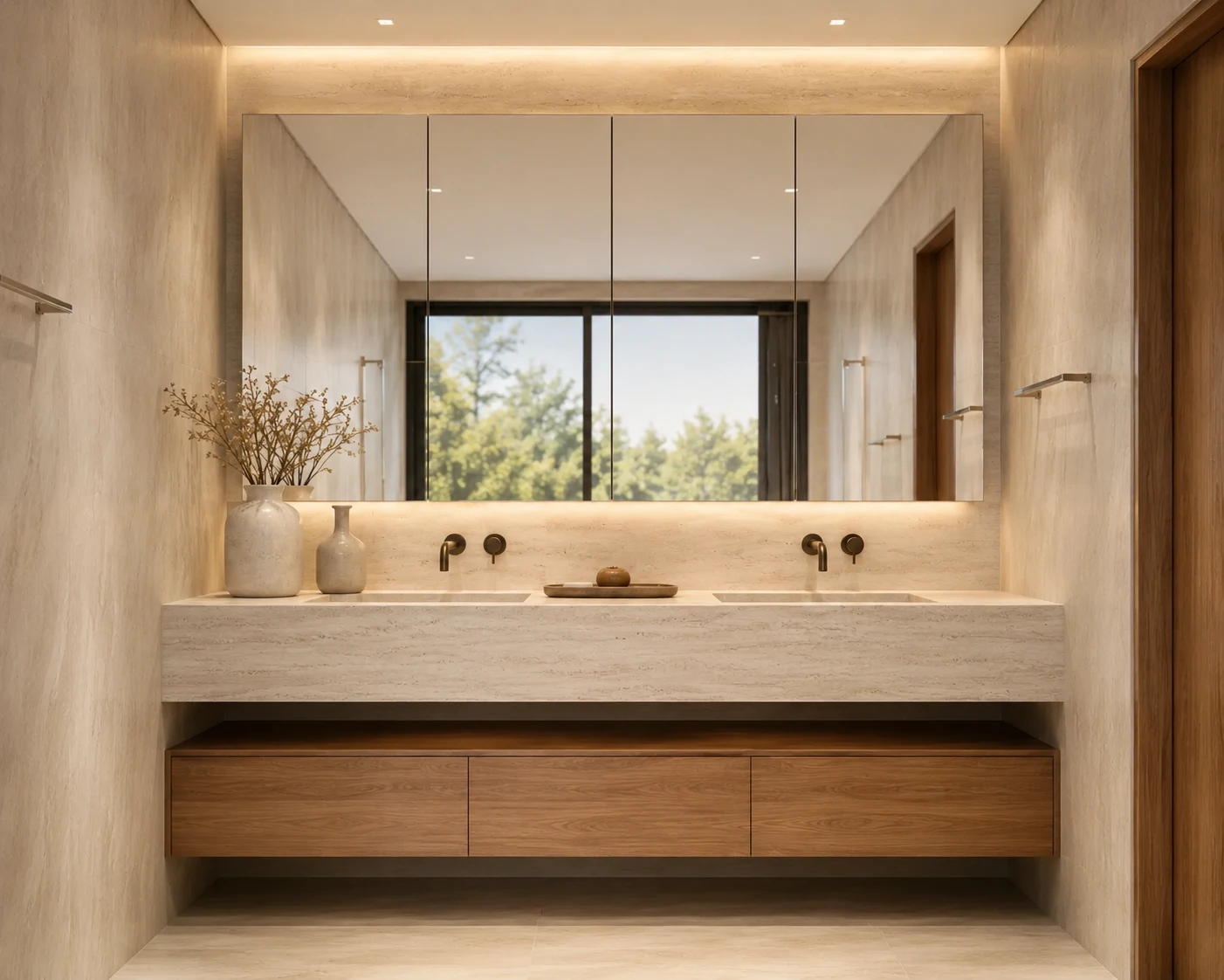 Modern floating wood bathroom vanity with double integrated basins, wall-mounted faucets and a wide mirrored cabinet