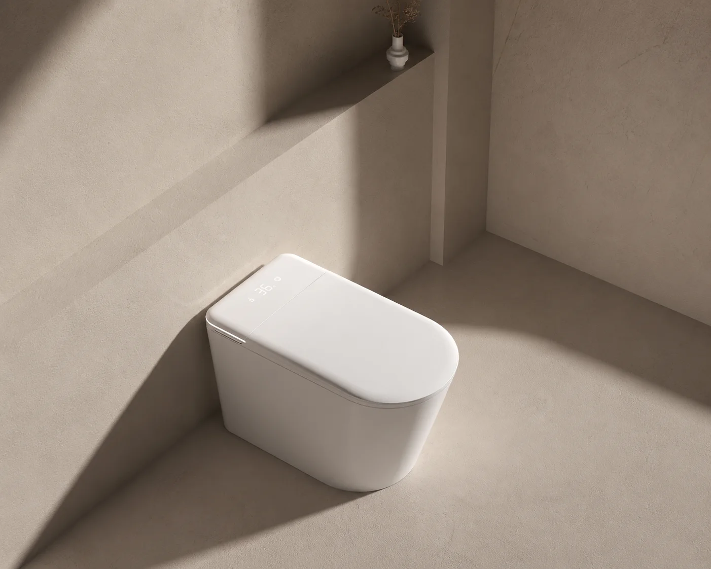 Contemporary white smart toilet with an integrated electronic seat in a minimalist beige bathroom