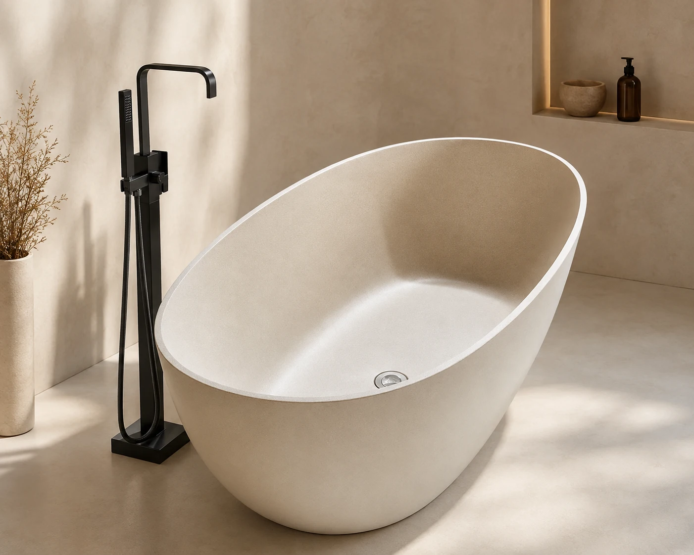 White oval freestanding bathtub with a black floor-mounted bath filler and hand shower in a modern bathroom