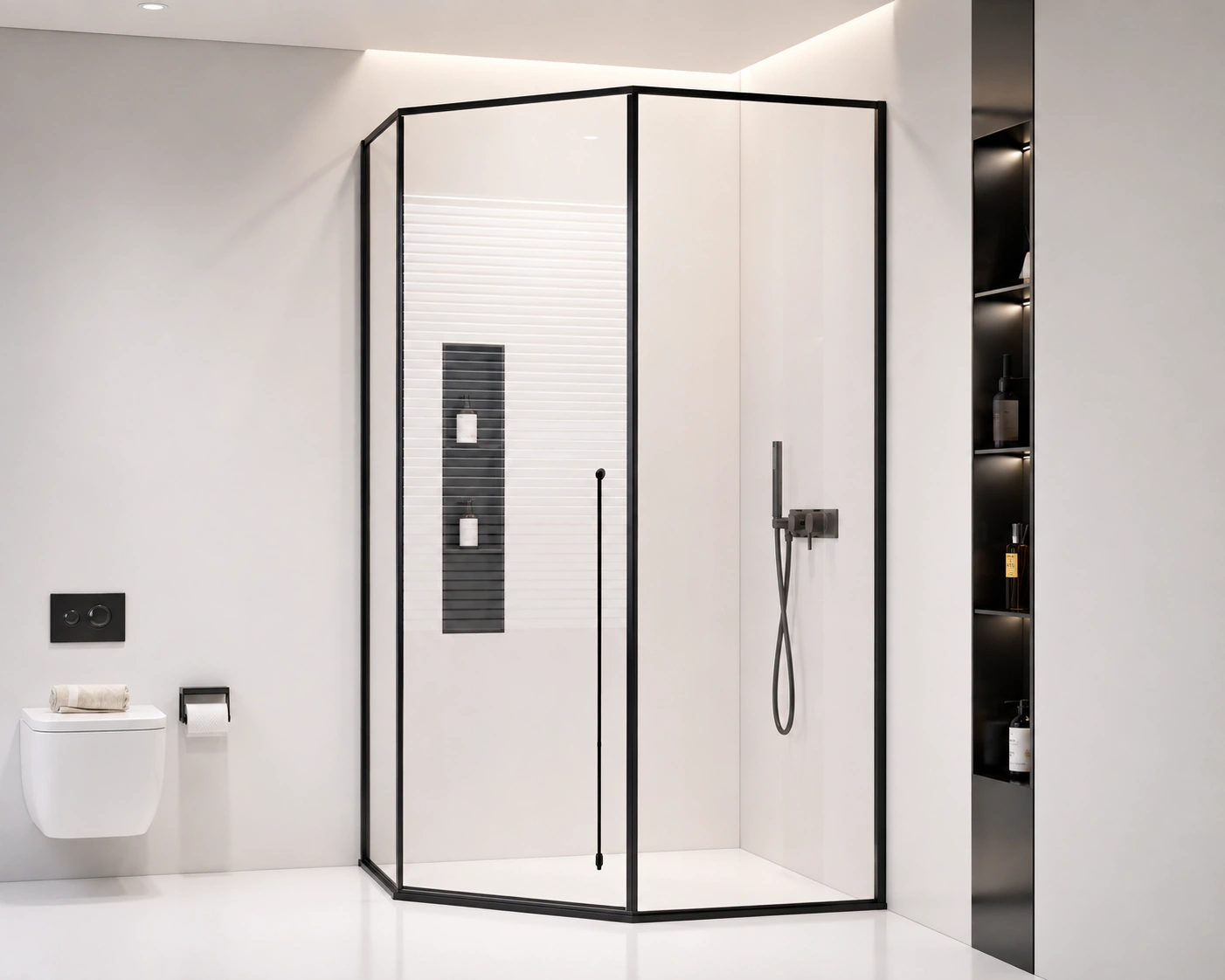 Black-framed corner glass shower enclosure with a hinged glass door in a minimalist bathroom with a wall-hung toilet