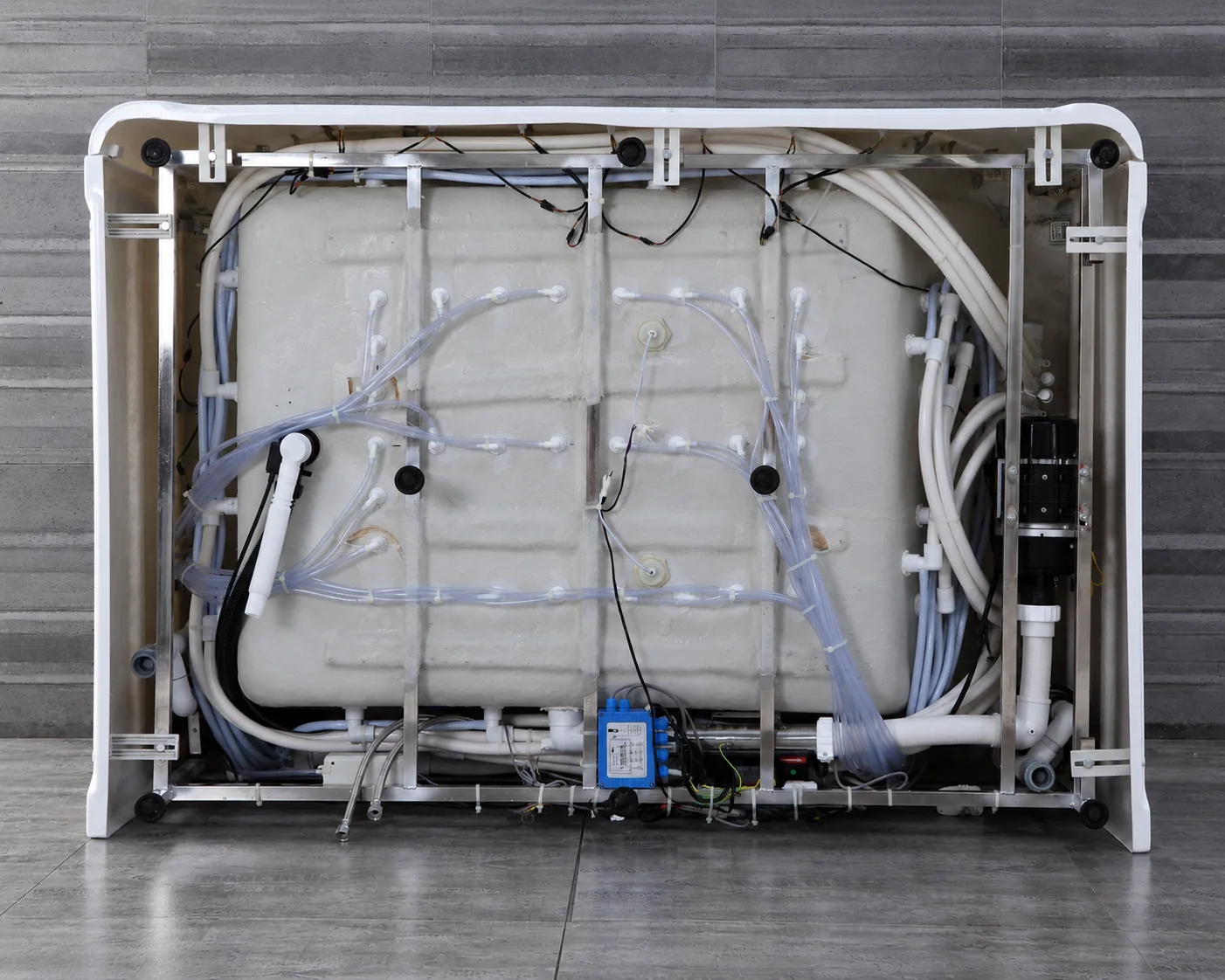 Bathtub support and maintenance access reference for commercial bathroom installation